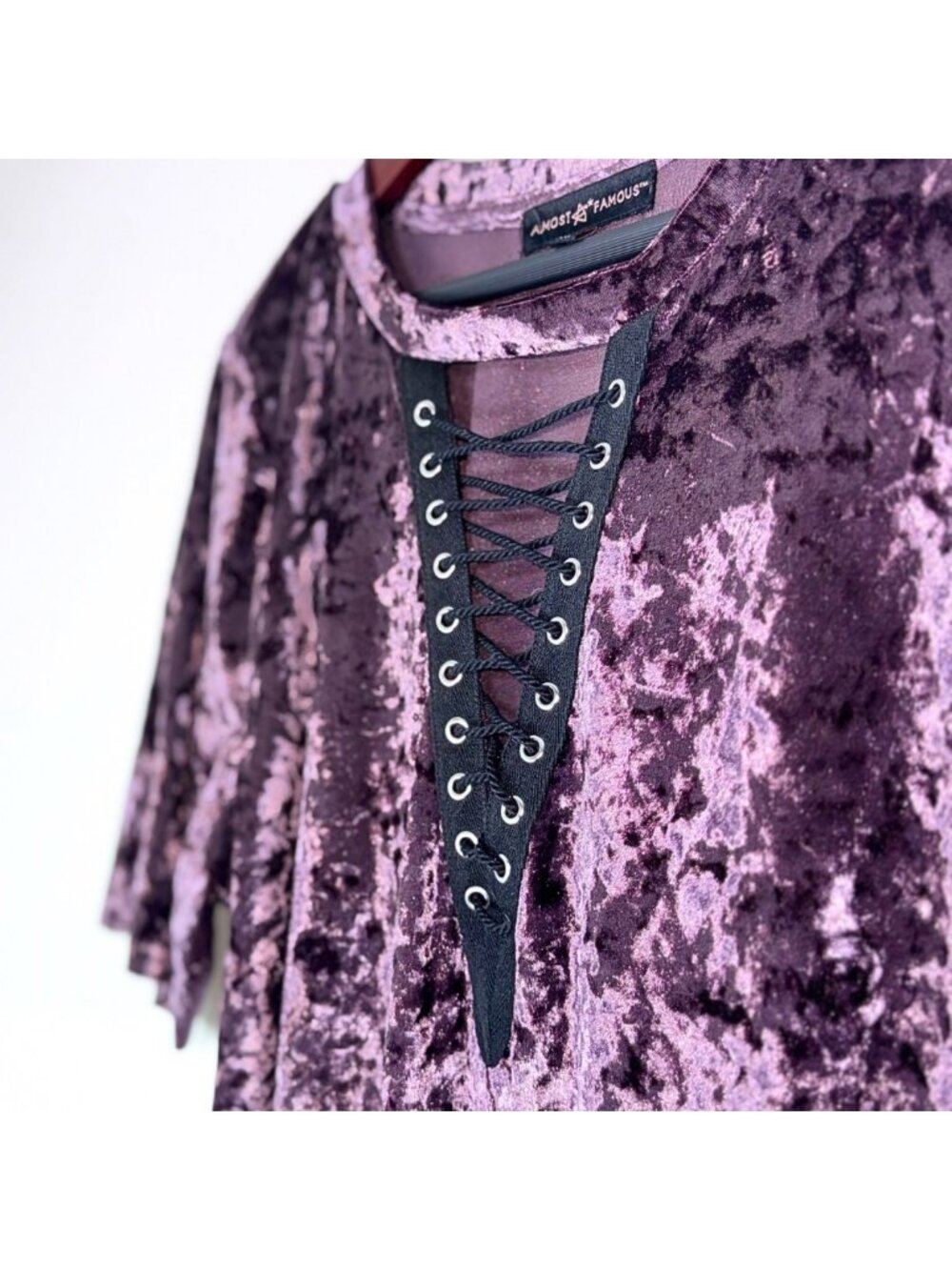 Crushed Velvet Purple Tunic Corset Shirt Almost Famous Plus Size 1X Goth Vamp - Picture 4 of 10